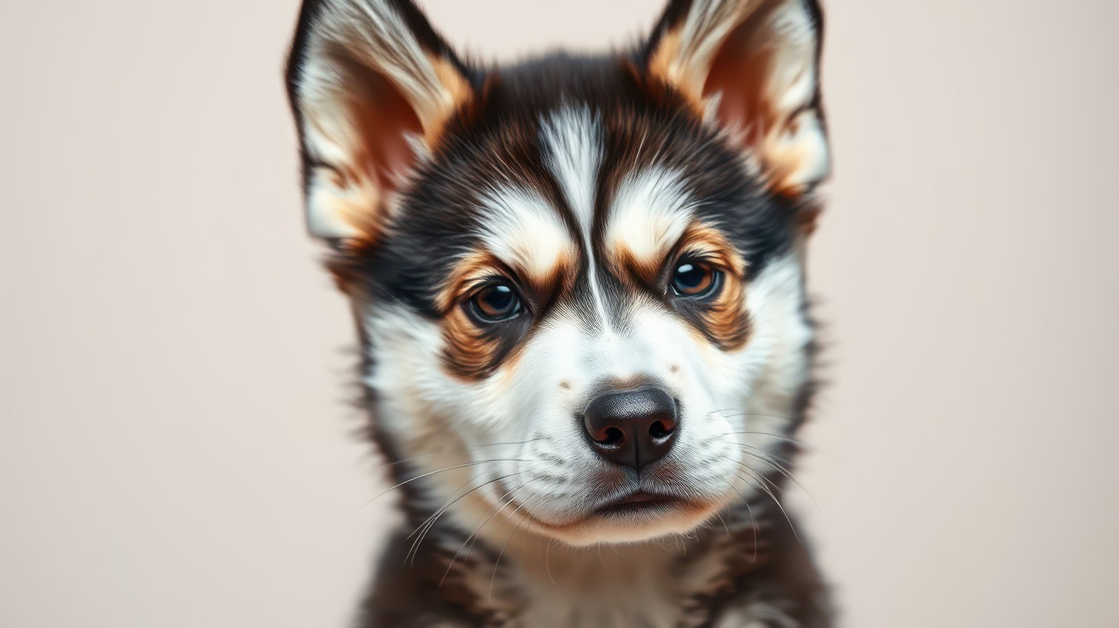 Puppy with striking fur pattern poses for a close-up capture in a neutral backdrop at a cozy indoor setting